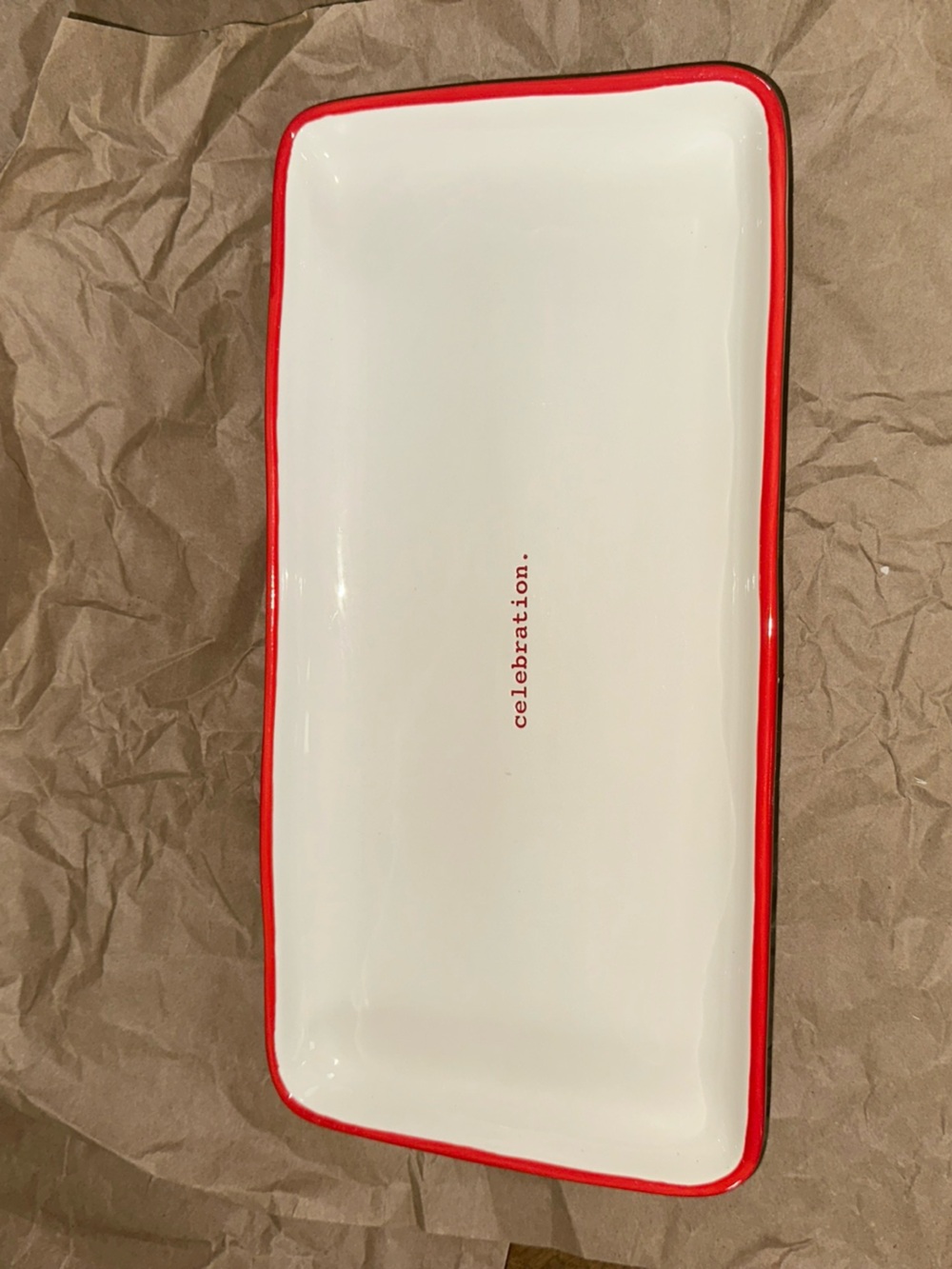Rae Dunn White Ceramic Platter with Red Rim and 'celebration.' Text